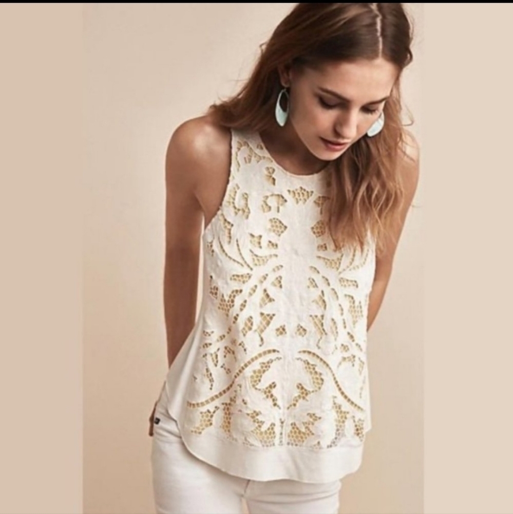 𝅺ANTHROPOLOGIE Akemi + Kin Lace Tank Top Cami Yellow White Size Small - Picture 2 of 8
